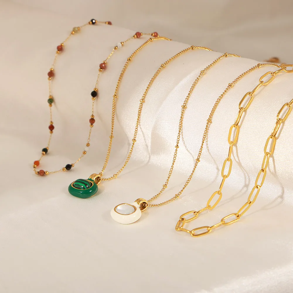 Natural Stone Malachite White Seashell Gold Chain Stacked Necklaces