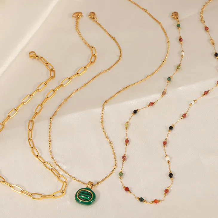 Natural Stone Malachite White Seashell Gold Chain Stacked Necklaces