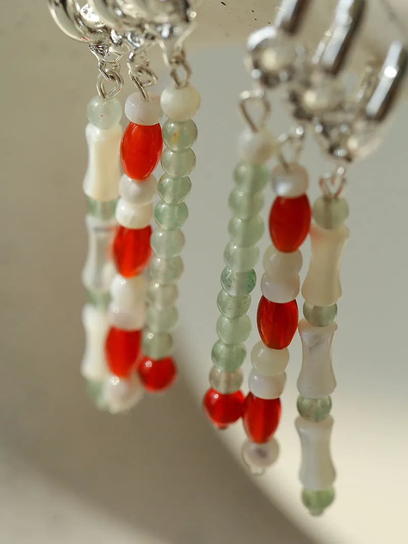 New Chinese Style Bamboo Aventurine Commuting Three-Layer Earrings