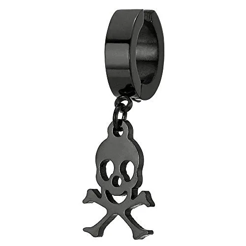 Pair Mens Women Black Steel Clip On Huggie Hinged Hoop Earring with Pirate Skull Non-Piercing Earring