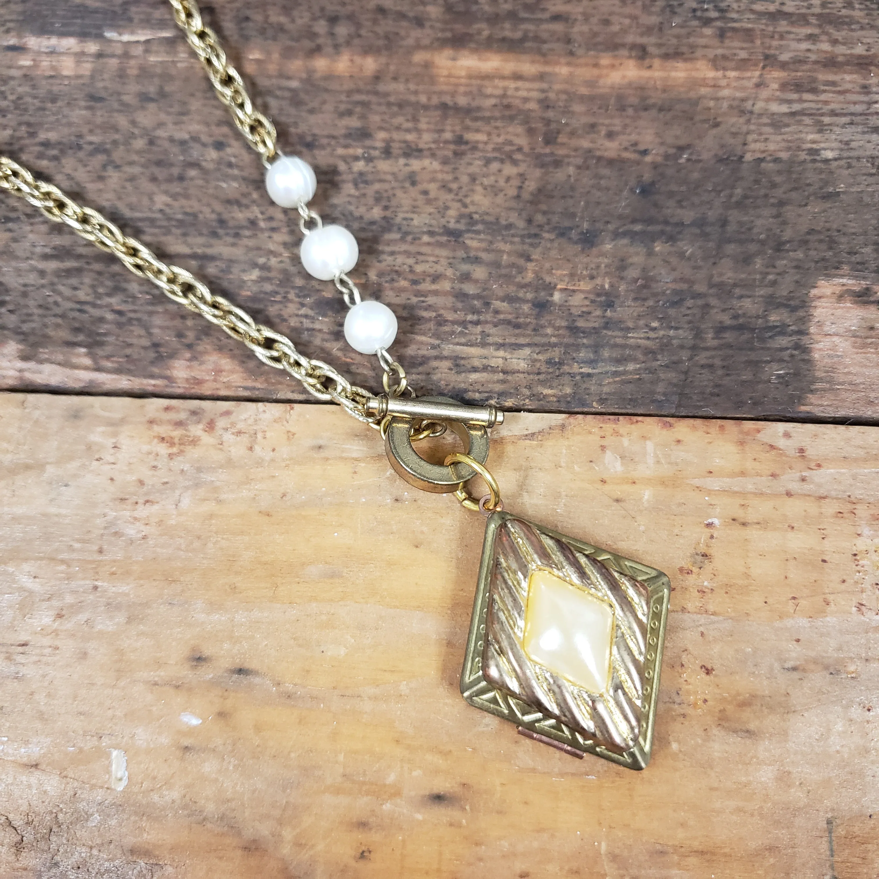 Pearl Diamond Toggle Locket Necklace