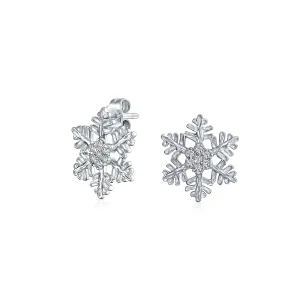 Petite Holiday CZ Stud Earrings: Blue Cubic Zirconia Snowflake in Sterling Silver