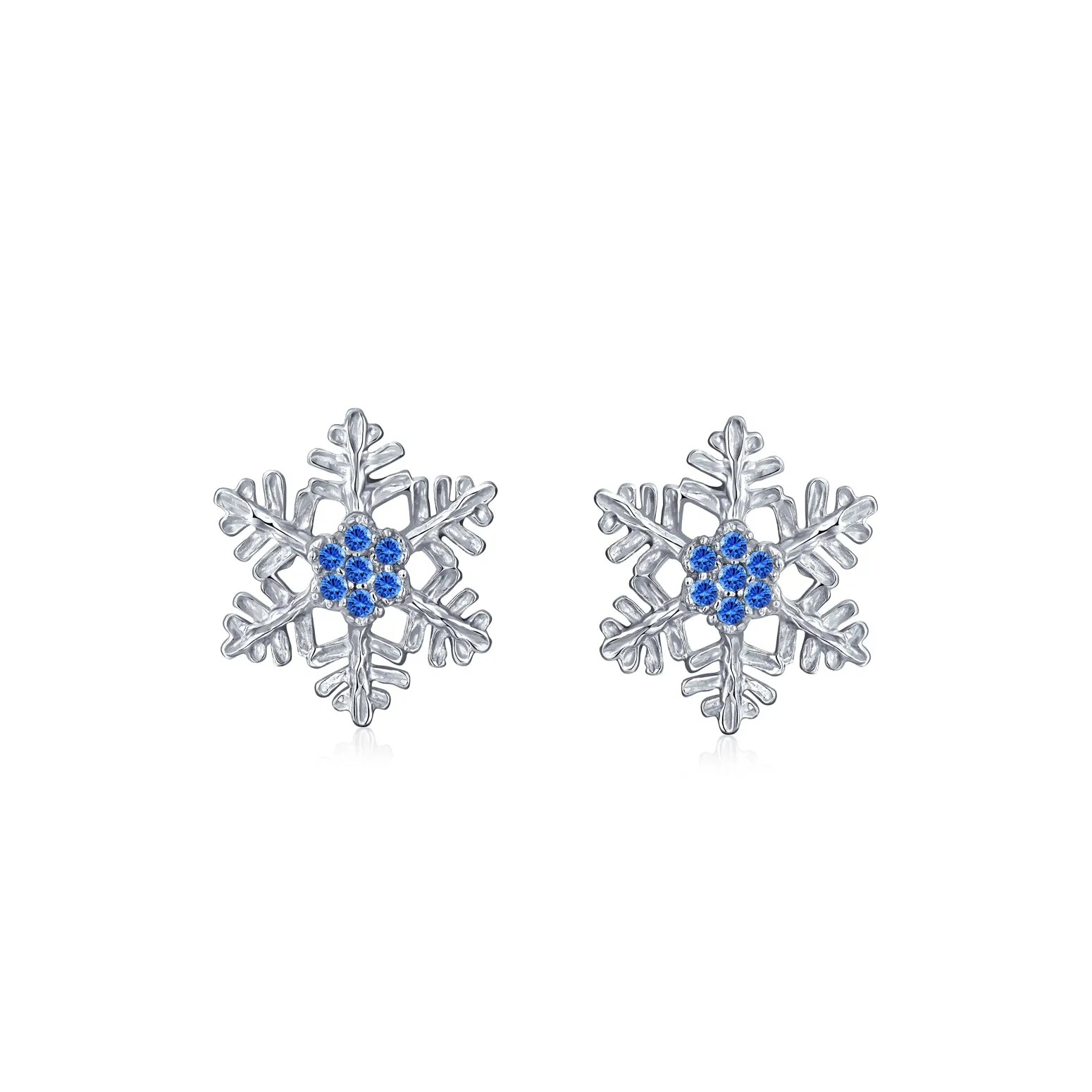 Petite Holiday CZ Stud Earrings: Blue Cubic Zirconia Snowflake in Sterling Silver