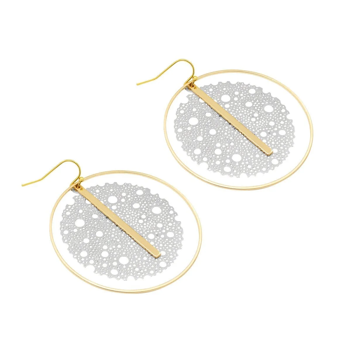 "L'Or" Silver & Gold Mesh and Vertical Bar Drop Hoop Earrings