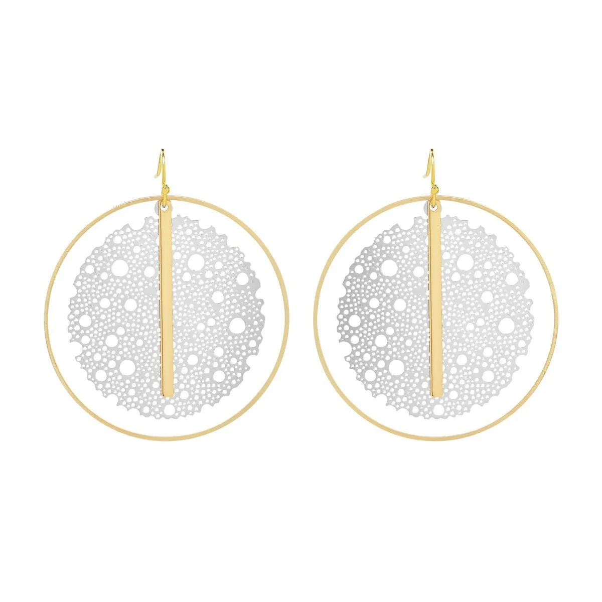 "L'Or" Silver & Gold Mesh and Vertical Bar Drop Hoop Earrings