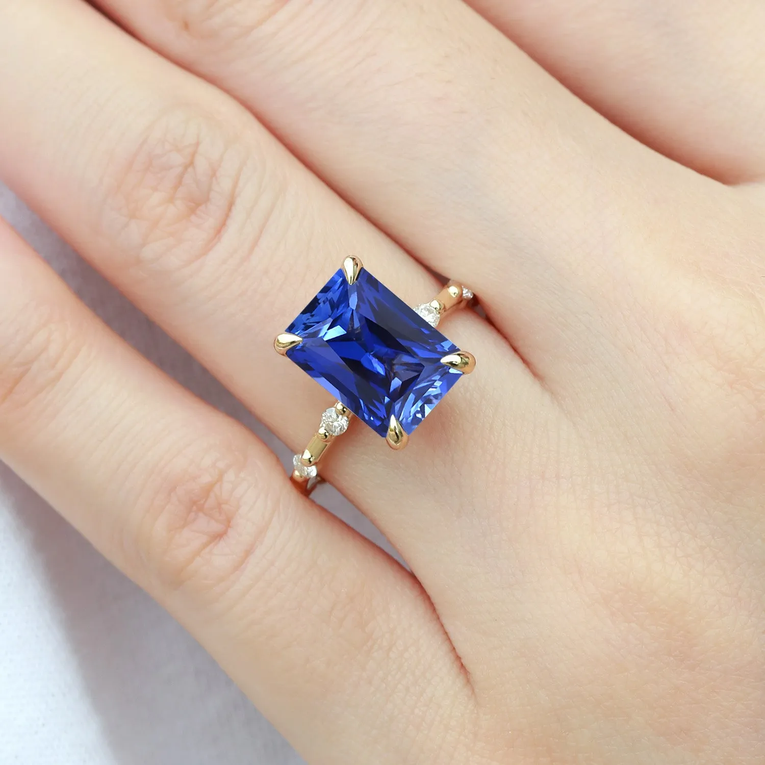 Radiant Cut Lab Sapphire & Moissanite Hidden Halo Ring