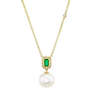 READY TO SHIP PEARL & EMERALD HALO DROP NECKLACE