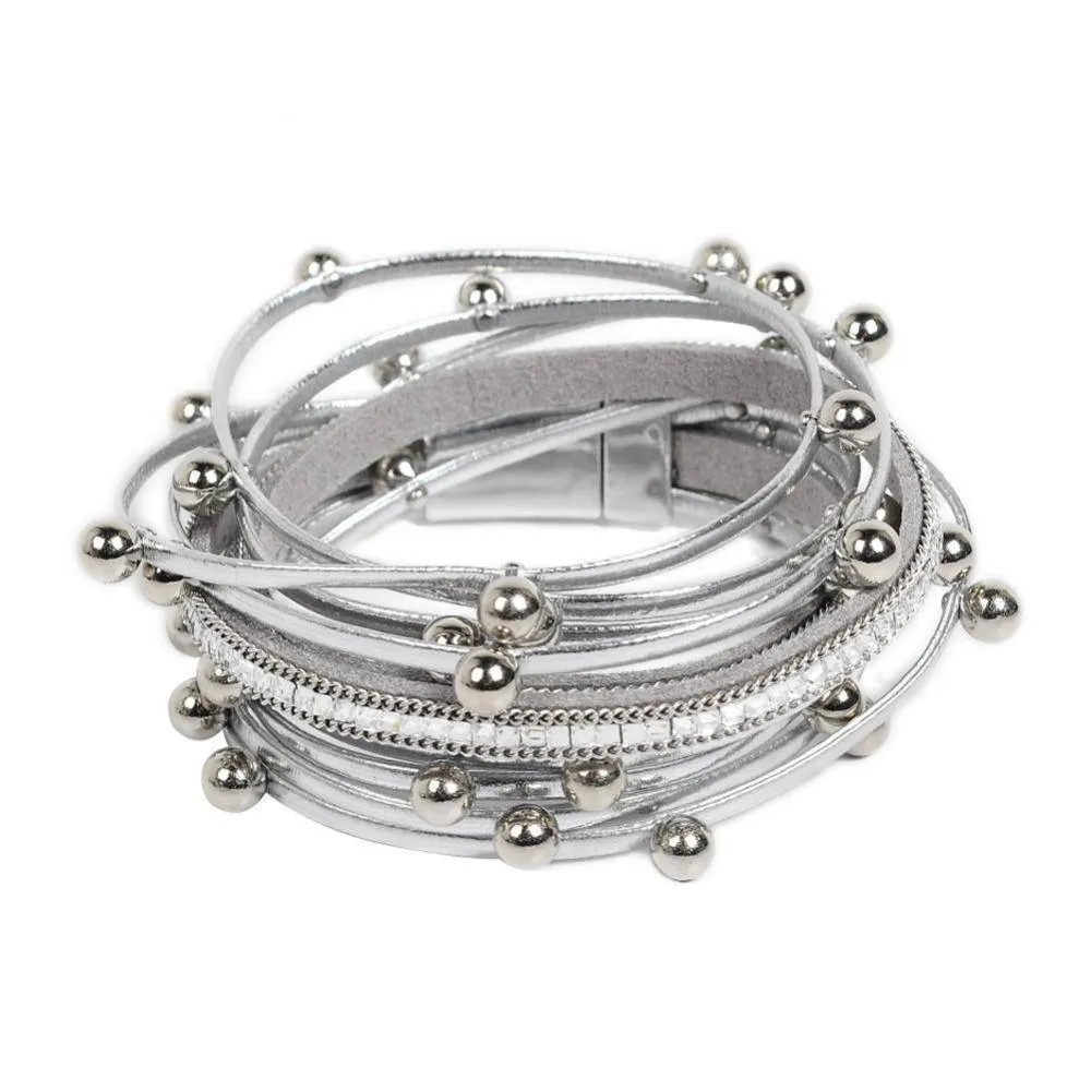 Silver beads Wrap leather bangle bracelet