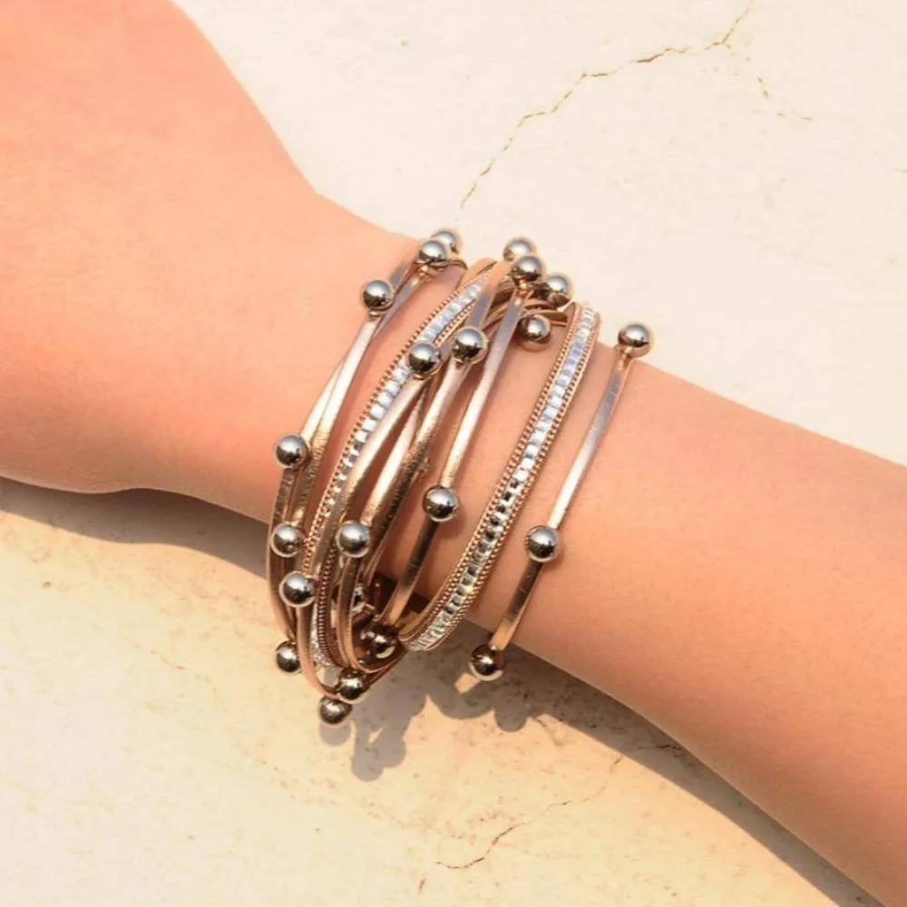 Silver beads Wrap leather bangle bracelet