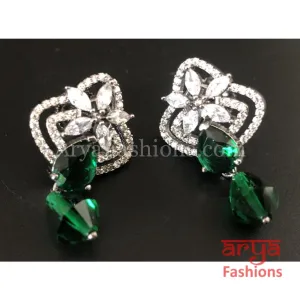 Silver Cubic Zirconia studs with dark Green Beads