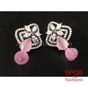 Silver Cubic Zirconia studs with Light Pink Beads