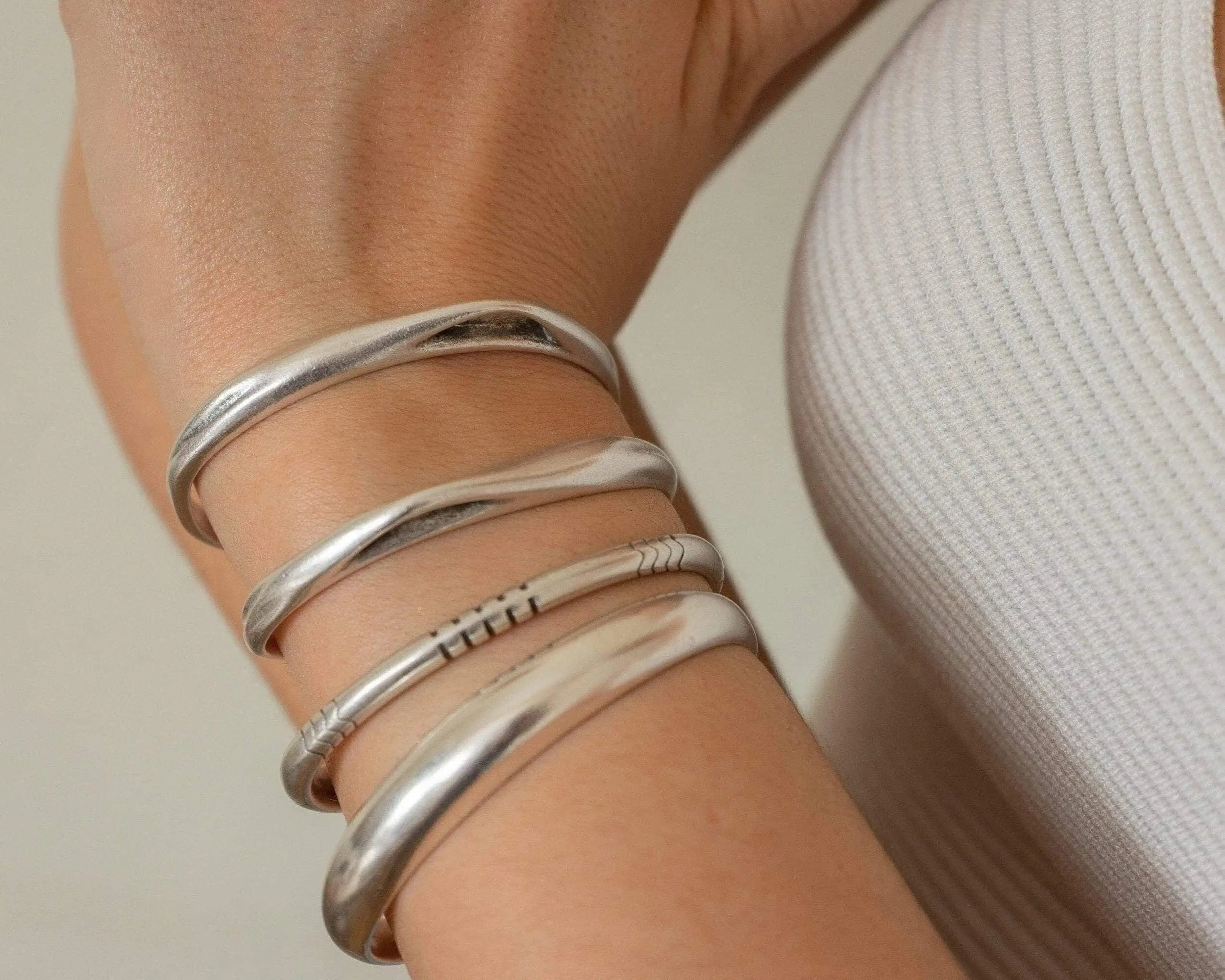 Silver Cuff Bracelet - Bold Organic Stacking Boho Minimalist Statement for Women