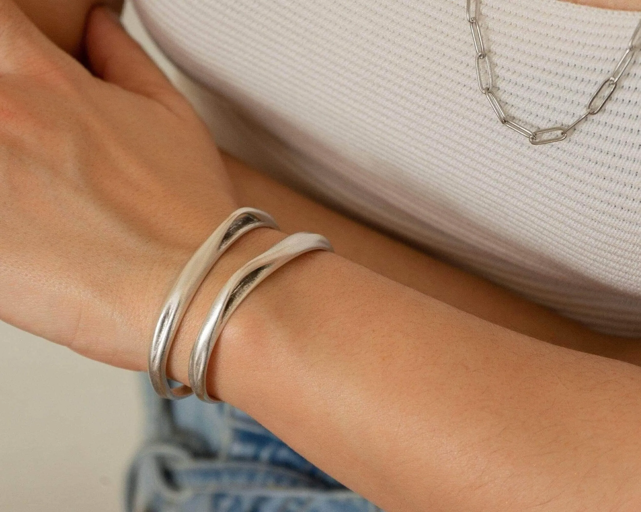 Silver Cuff Bracelet - Bold Organic Stacking Boho Minimalist Statement for Women