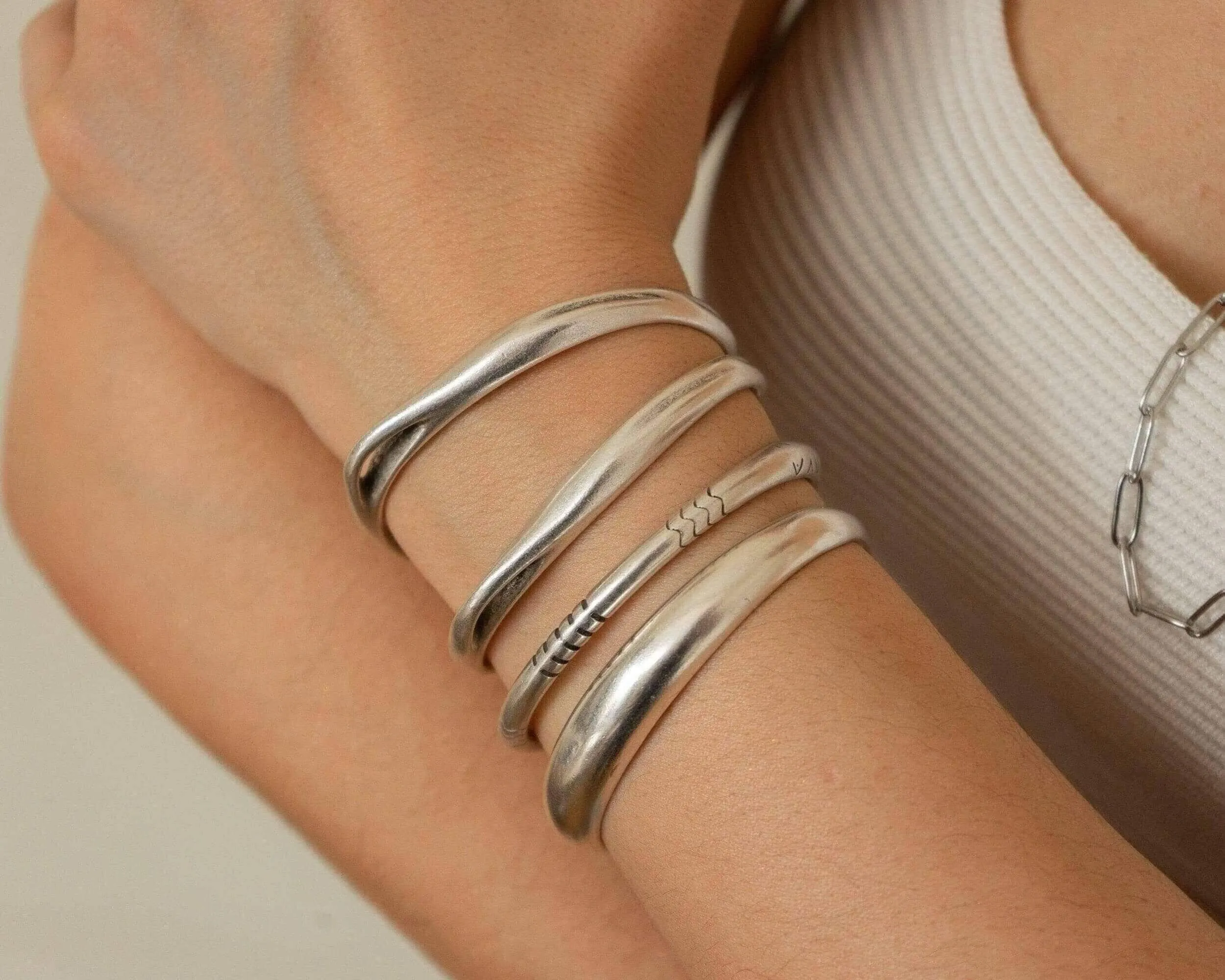 Silver Cuff Bracelet - Bold Organic Stacking Boho Minimalist Statement for Women