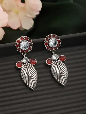 Silver-Plated Red & White Stone Studded Contemporary Drop Earrings