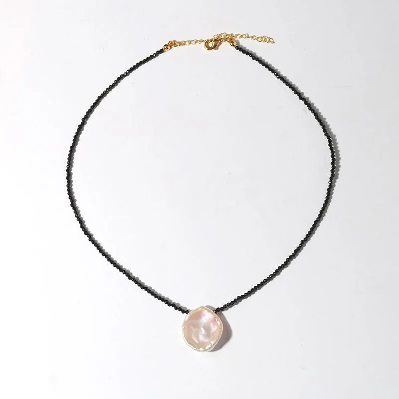 Single Large Petal Baroque Pearl Black Spinel Necklace