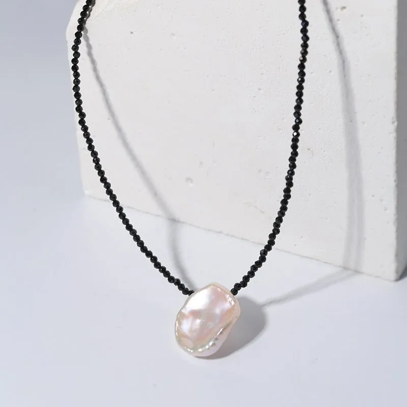 Single Large Petal Baroque Pearl Black Spinel Necklace