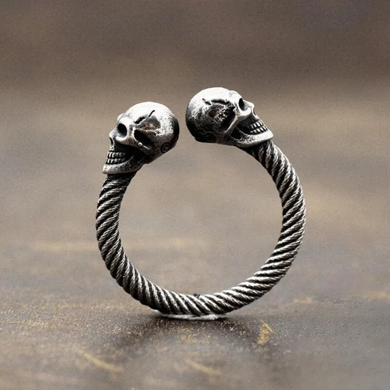 Smiling Skull Adjustable Gothic Style Rope Textured Shank Rings - 925 Sterling Silver Ring