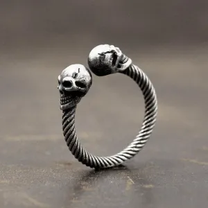 Smiling Skull Adjustable Gothic Style Rope Textured Shank Rings - 925 Sterling Silver Ring