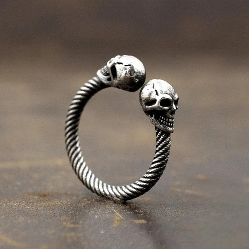 Smiling Skull Adjustable Gothic Style Rope Textured Shank Rings - 925 Sterling Silver Ring