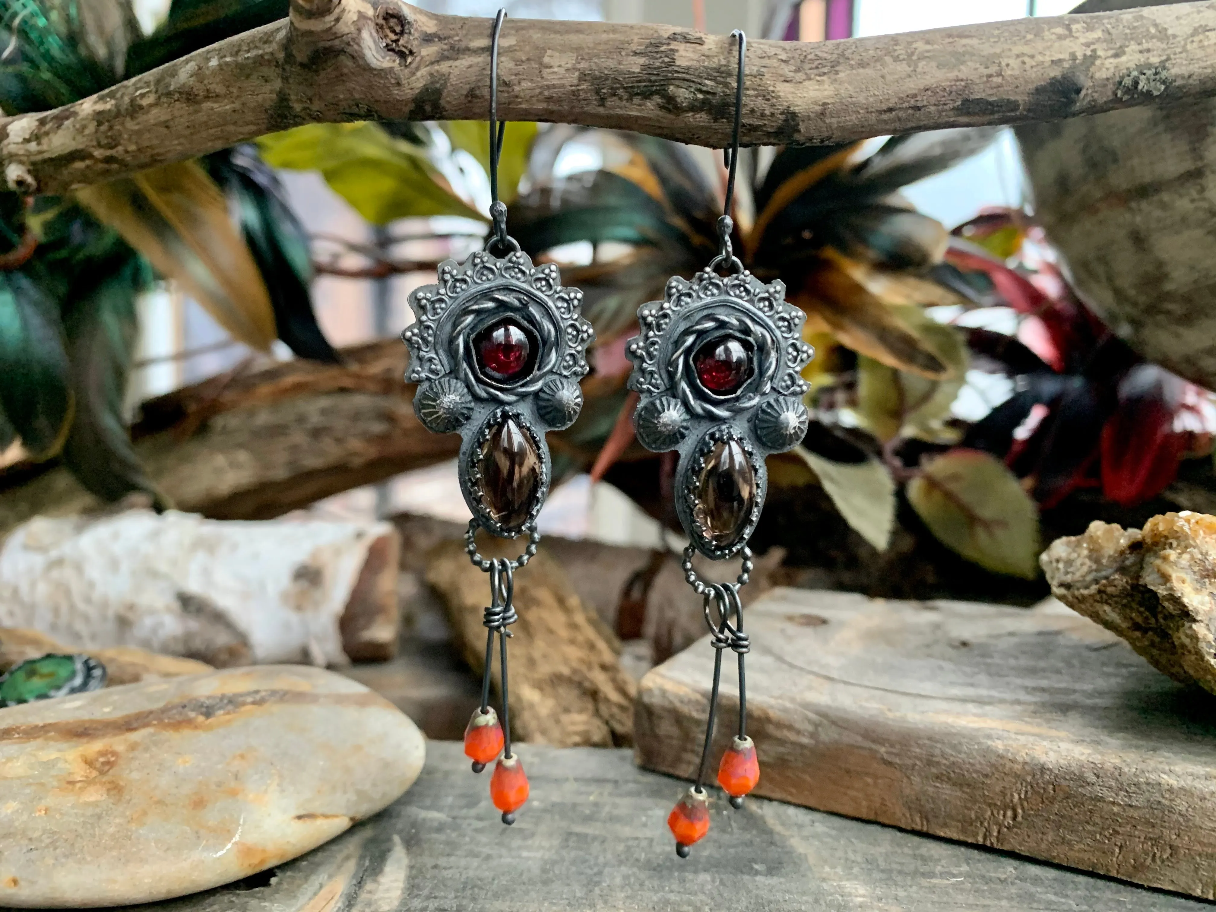 Smokey Quartz Garnet Sun Goddess Earrings