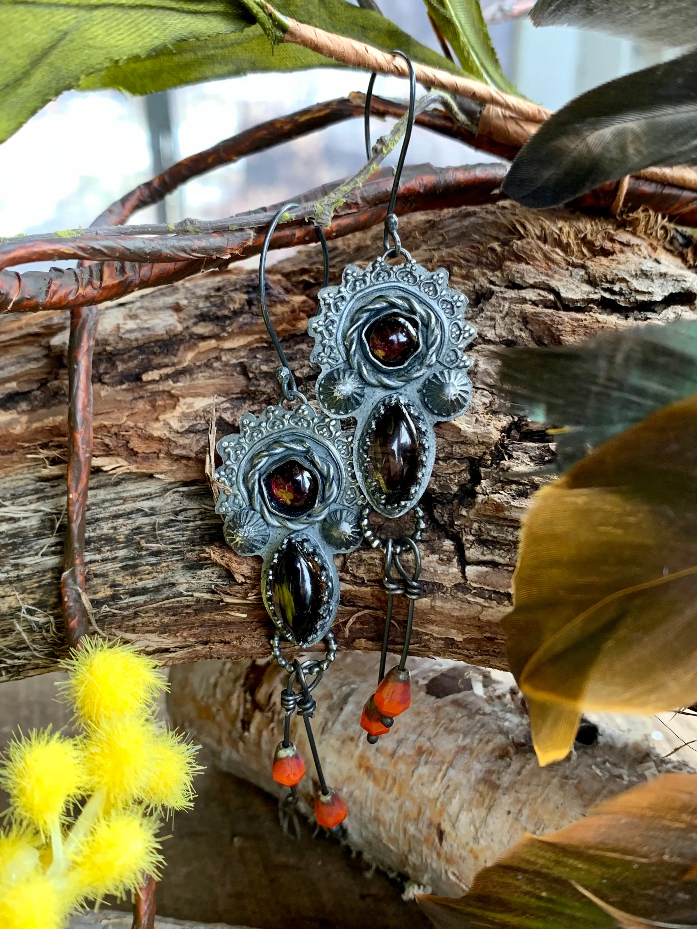 Smokey Quartz Garnet Sun Goddess Earrings