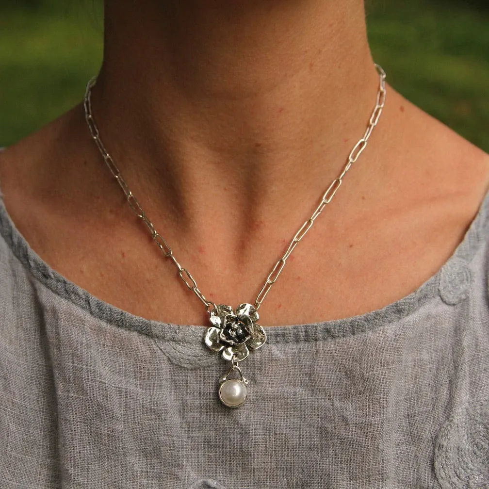 Sterling Silver Double Dogwood with Pearl Drop Necklace