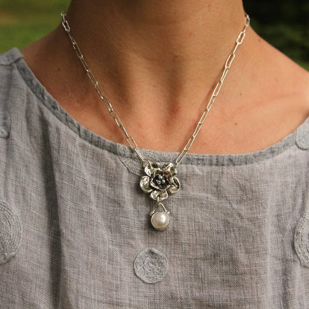 Sterling Silver Double Dogwood with Pearl Drop Necklace