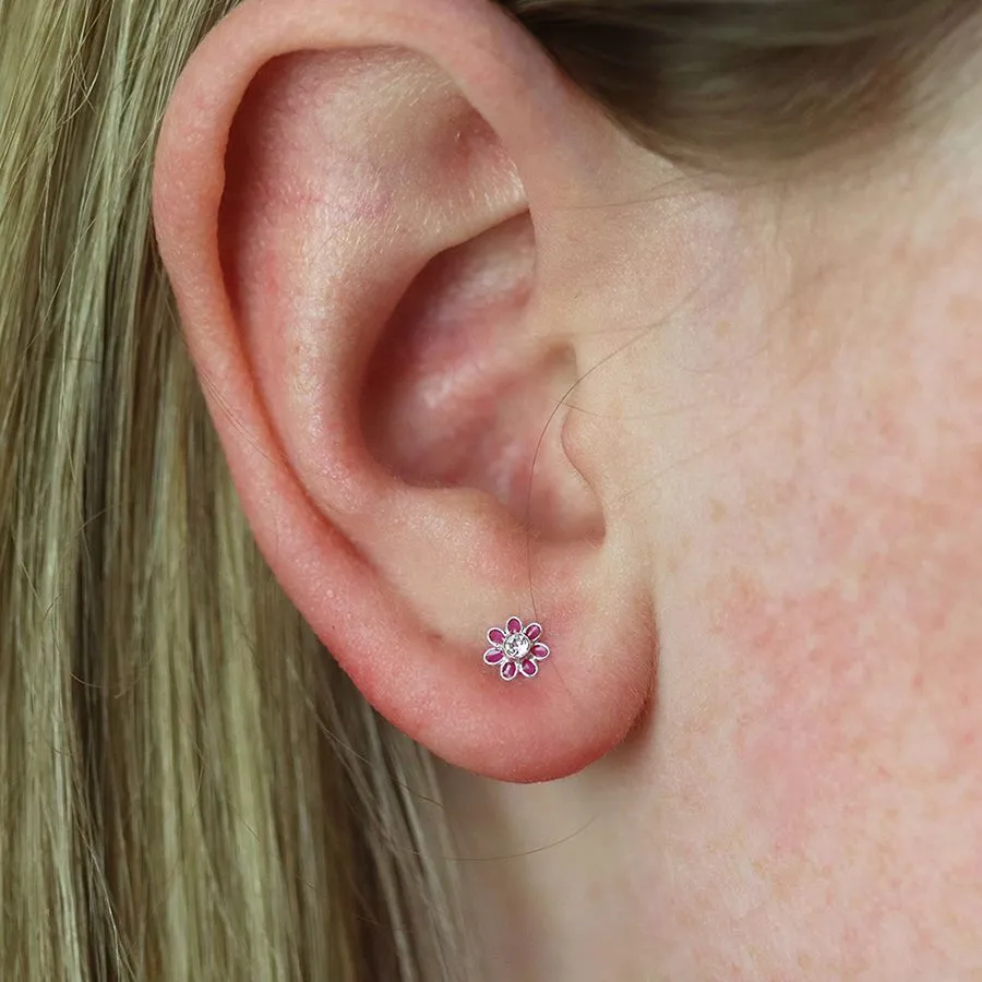 Sterling Silver Pink Flower Studs