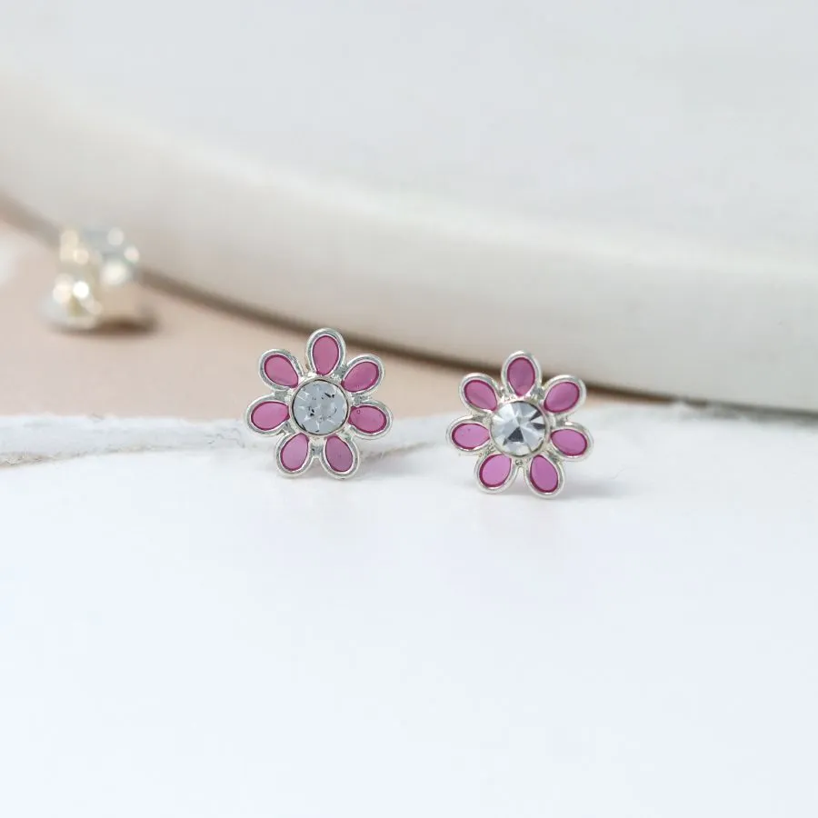 Sterling Silver Pink Flower Studs