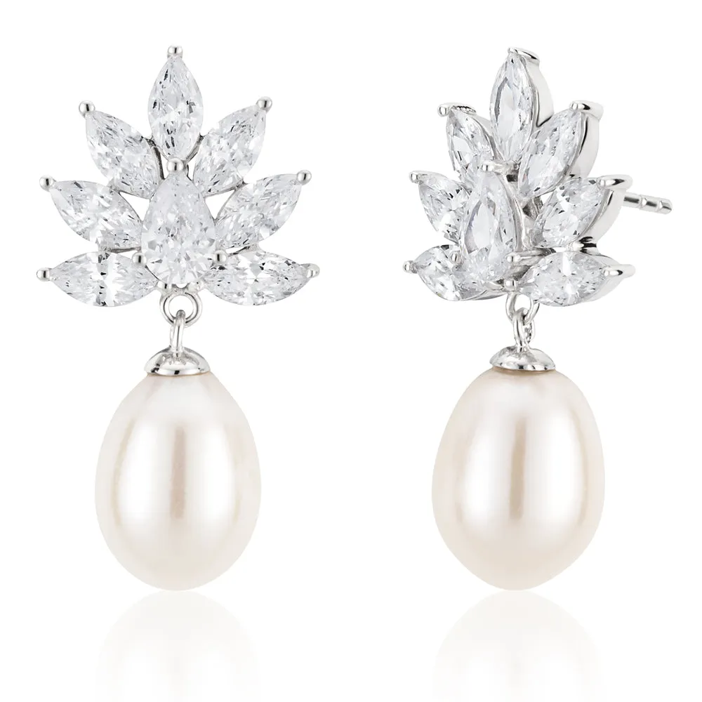 Sterling Silver Rhodium Plated Freshwater Pearl and Zirconia Earrings