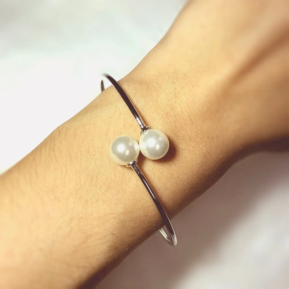 Sterling Silver Rhodium Plated Simulated Pearl Bangle