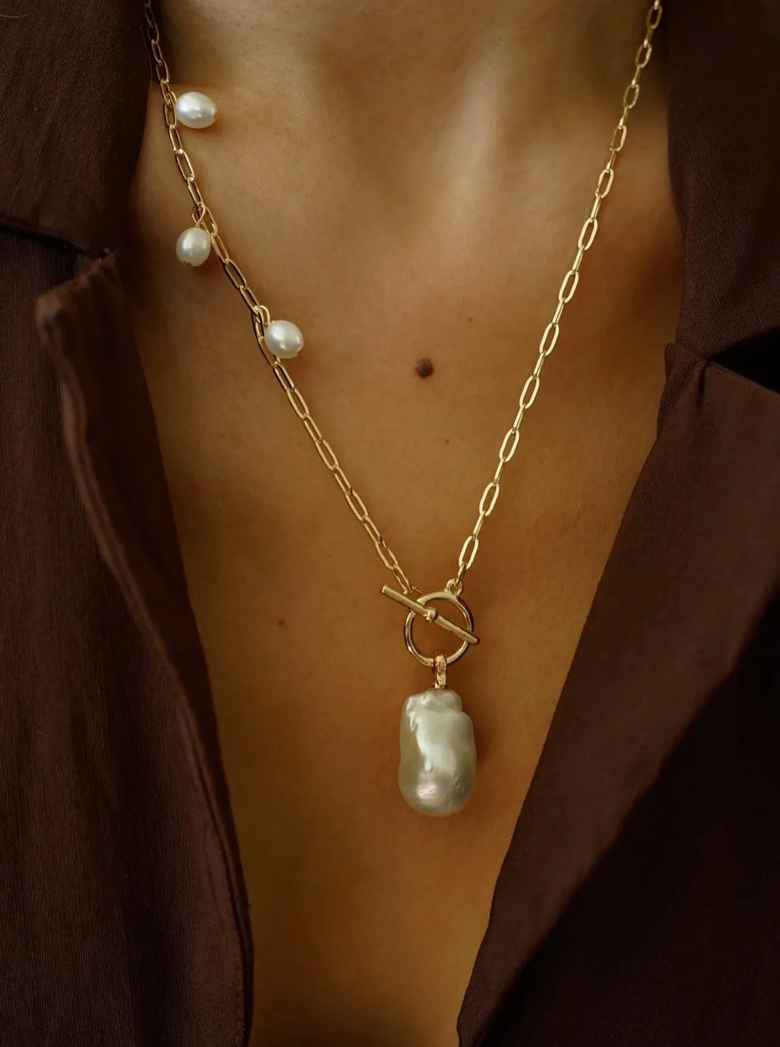 Suqare Chain Baroque Pearl Clip-on Pendants Necklace