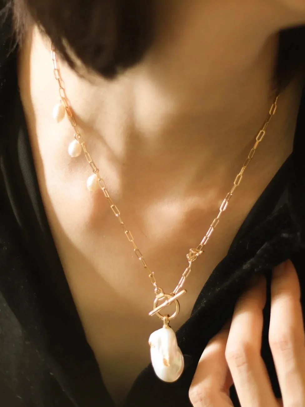 Suqare Chain Baroque Pearl Clip-on Pendants Necklace