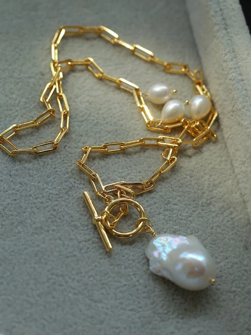 Suqare Chain Baroque Pearl Clip-on Pendants Necklace