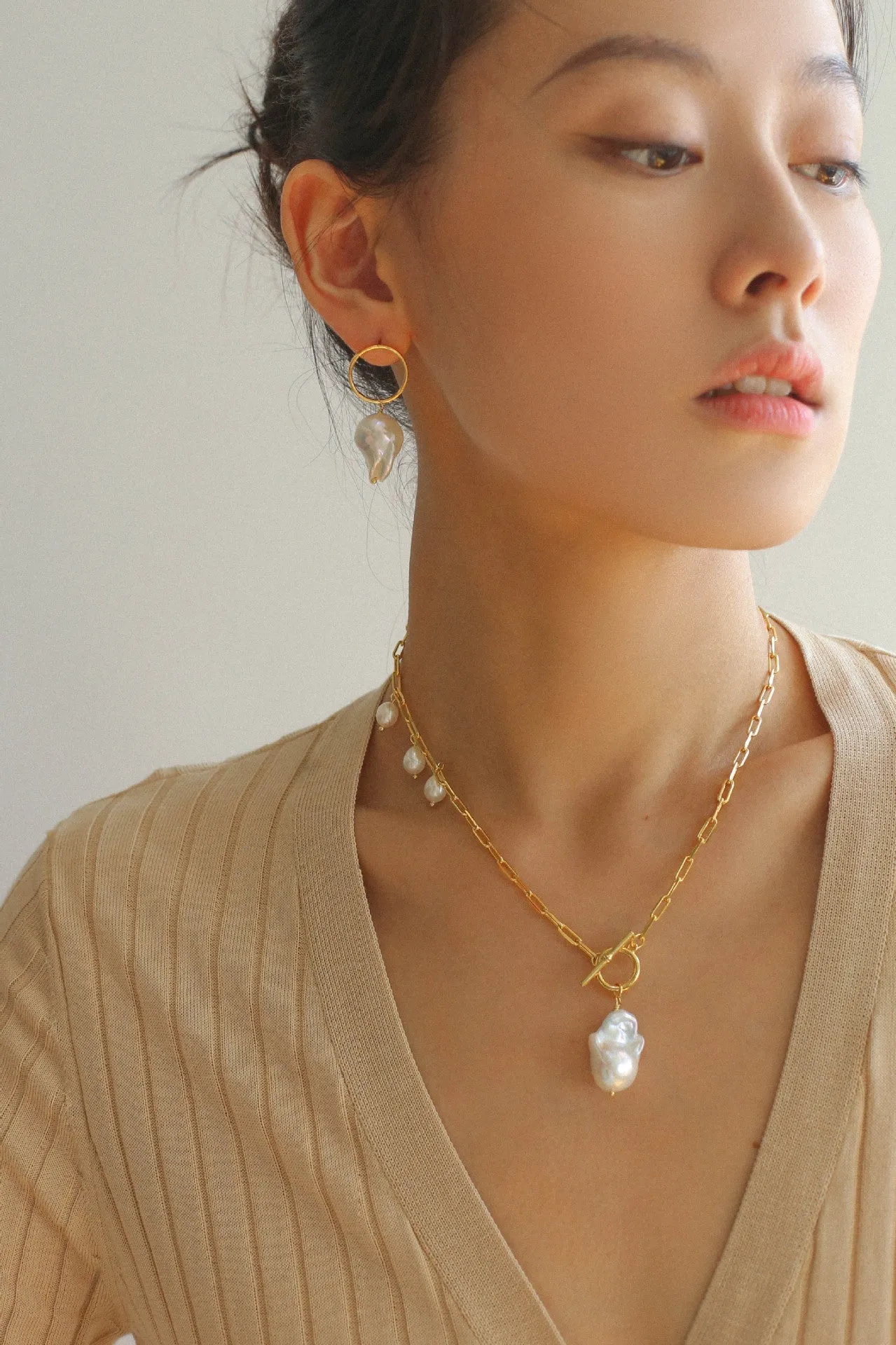 Suqare Chain Baroque Pearl Clip-on Pendants Necklace