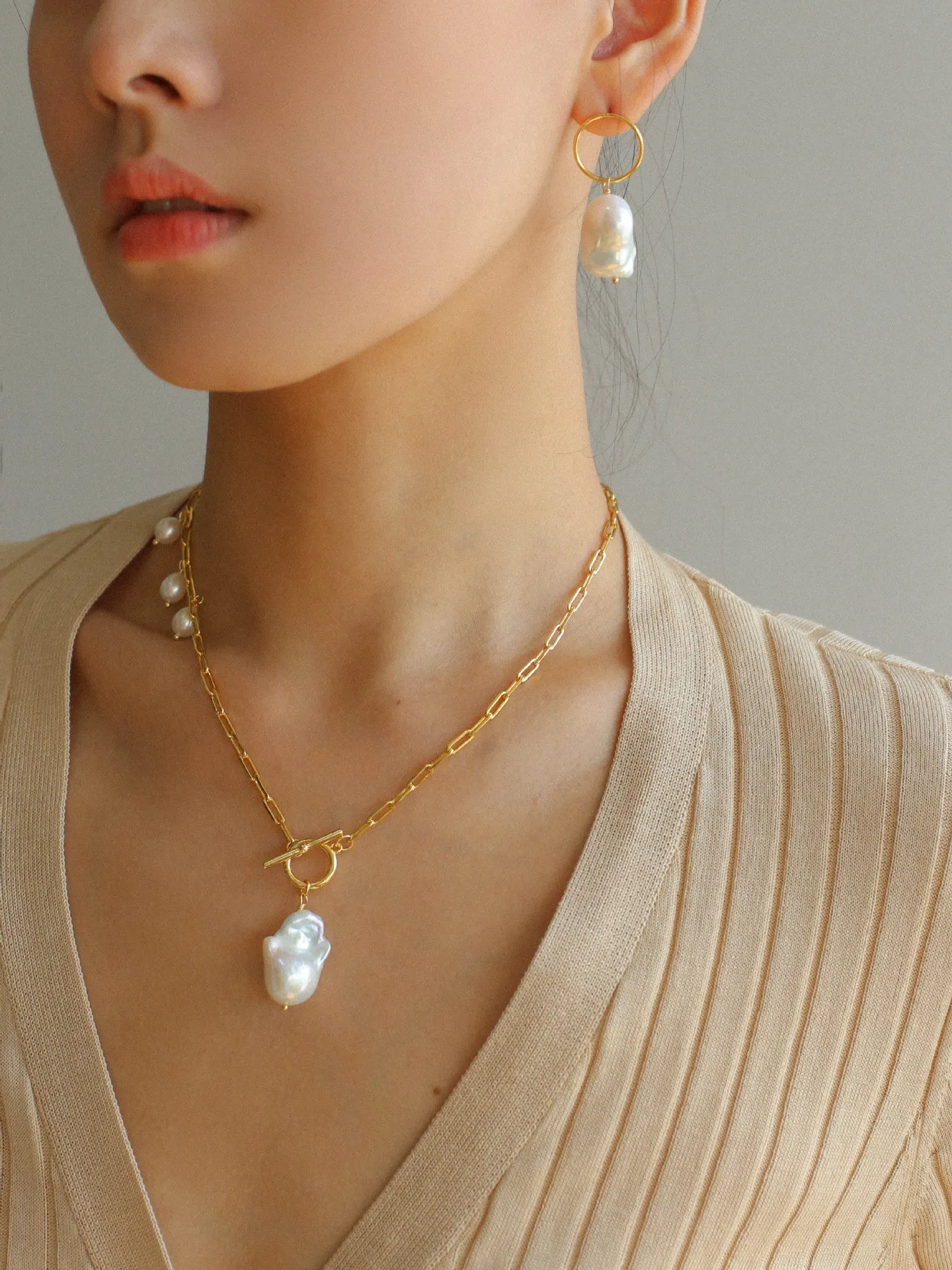 Suqare Chain Baroque Pearl Clip-on Pendants Necklace