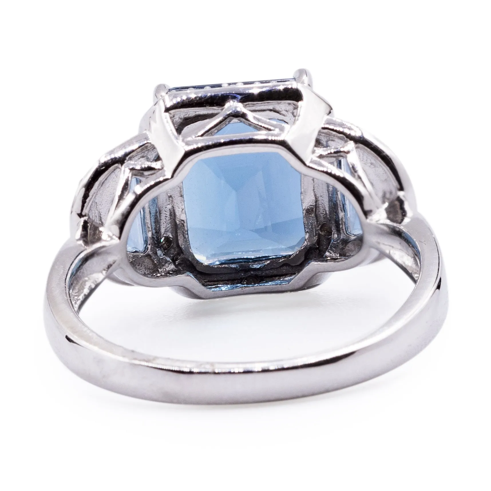 Three London Blue Topaz Stone Ring with Half Moon Side Stones and Diamond Accented Halo