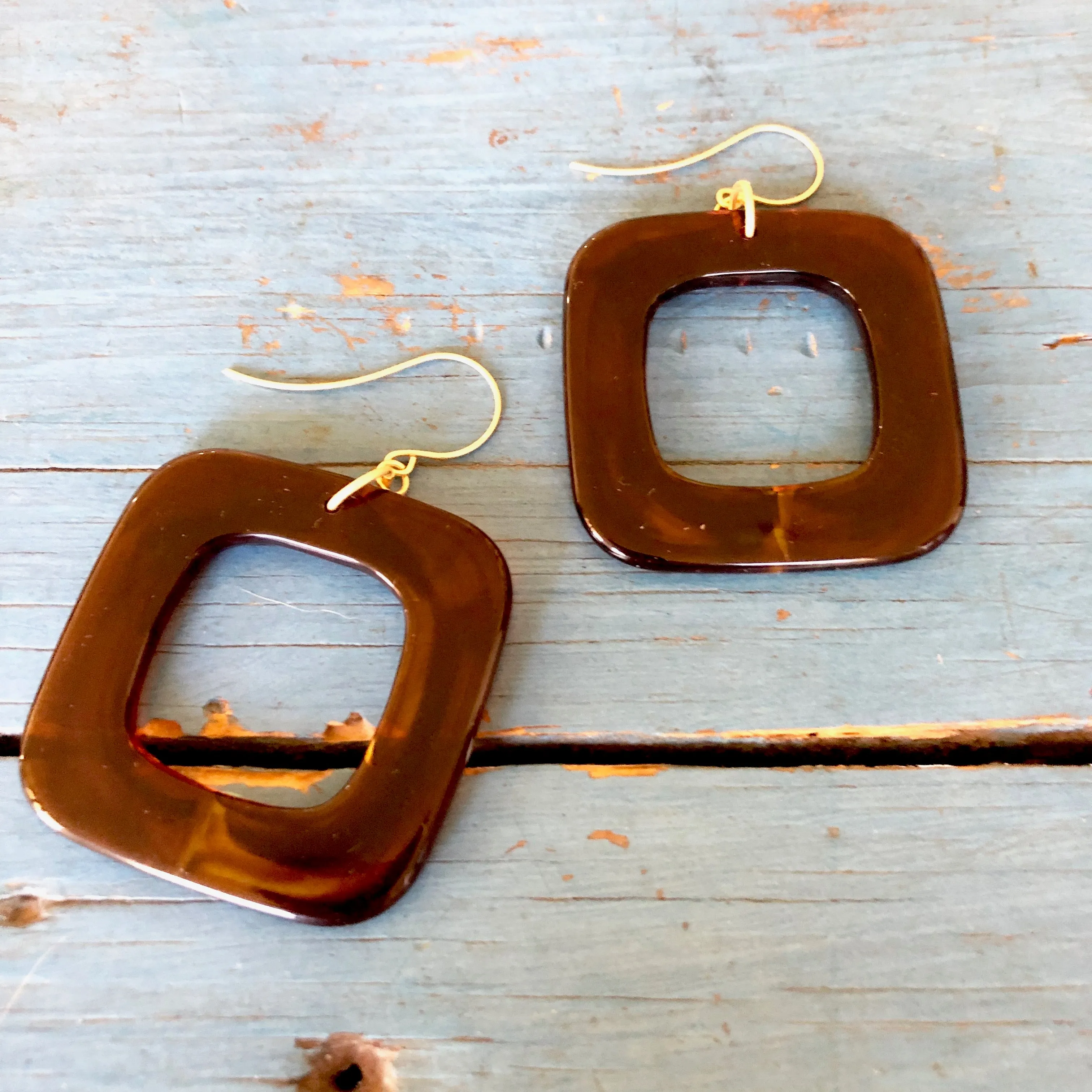 Tortoise Deco Square Donut Drop Earrings