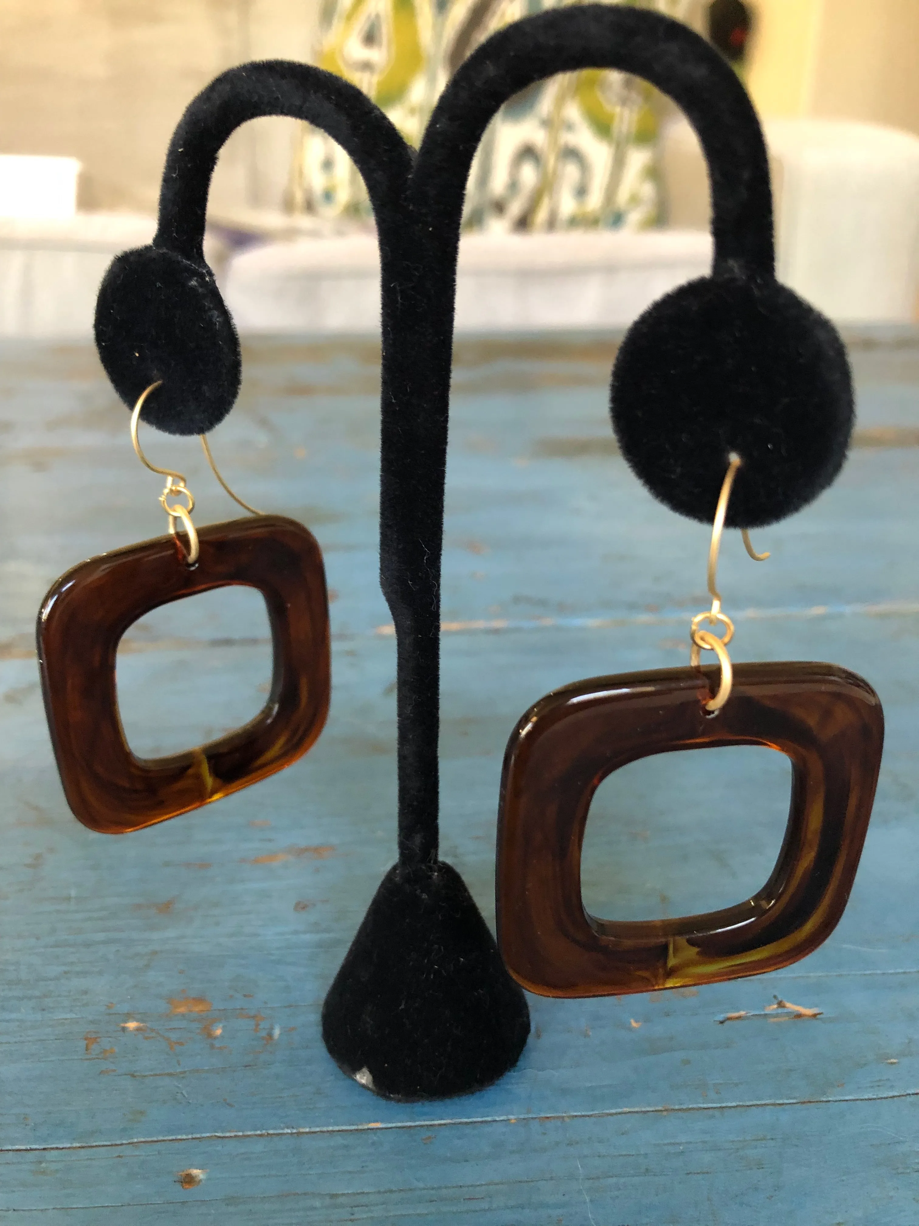 Tortoise Deco Square Donut Drop Earrings