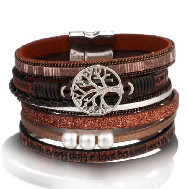 Tree of Life Charm Pearl Leather Bracelets for Women Bohemian Multilayer Wide Wrap Bracelet Female Jewelry