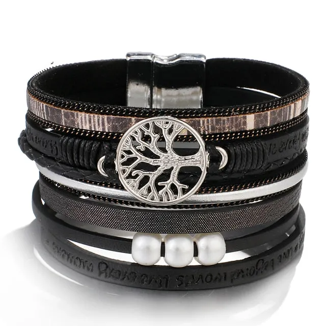 Tree of Life Charm Pearl Leather Bracelets for Women Bohemian Multilayer Wide Wrap Bracelet Female Jewelry