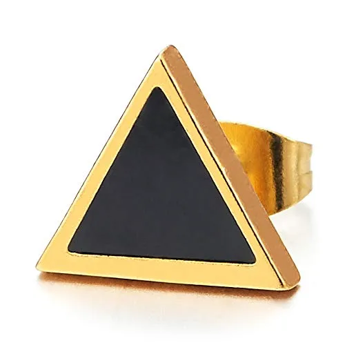 Unisex Mens Womens Stainless Steel Gold Color Triangle Stud Earrings with Black Enamel, 2pcs