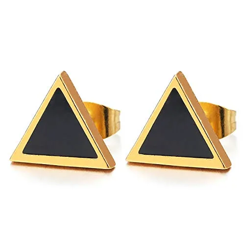 Unisex Mens Womens Stainless Steel Gold Color Triangle Stud Earrings with Black Enamel, 2pcs