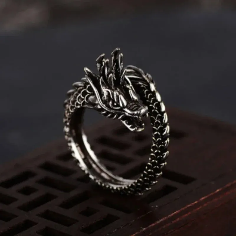 Vintage Dragon Adjustable Rings for Men Retro Gothic Animal Finger Opening Ring Punk Hiphop Party Fashion Jewelry Accessories