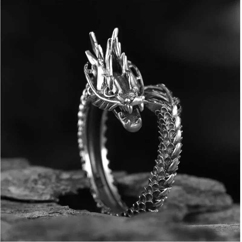 Vintage Dragon Adjustable Rings for Men Retro Gothic Animal Finger Opening Ring Punk Hiphop Party Fashion Jewelry Accessories