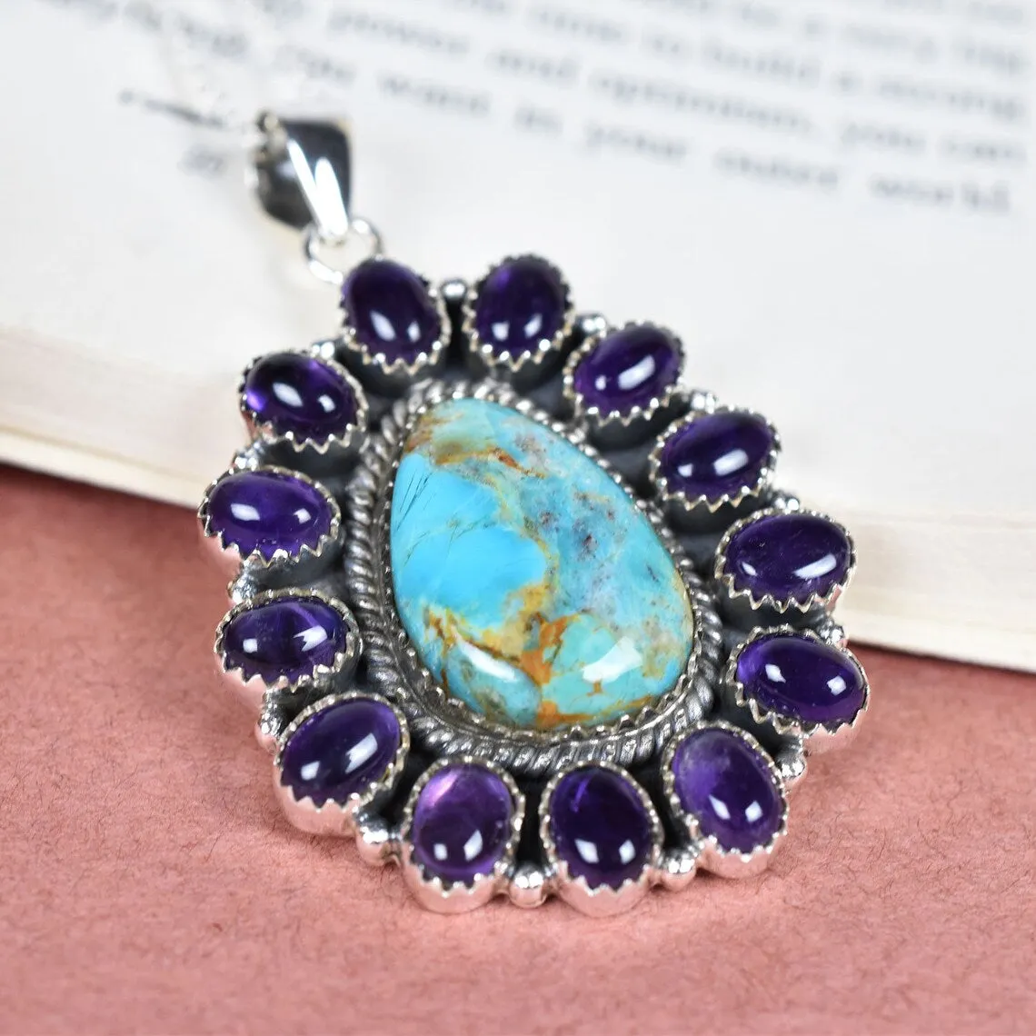 Vintage Purple Amethyst & Turquoise Cluster Bohemian Pendant - 925 Sterling Silver Native American Pendant