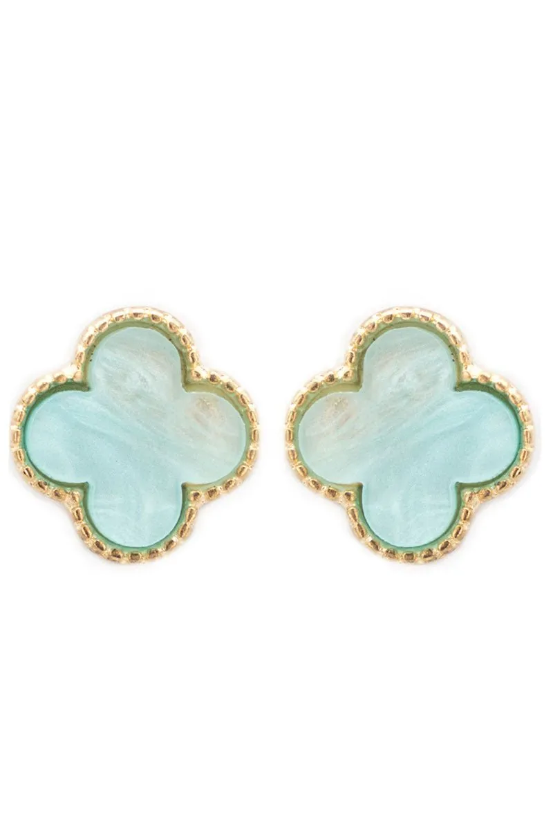 Viola Goldtone Trimmed Aqua Shell Quatrefoil Earrings