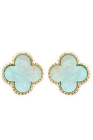 Viola Goldtone Trimmed Aqua Shell Quatrefoil Earrings