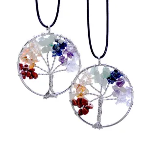 Women Rainbow 7 Chakra Amethyst Tree Of Life Quartz Chips Pendant Necklace Multicolor Wisdom Tree Natural Stone Necklace